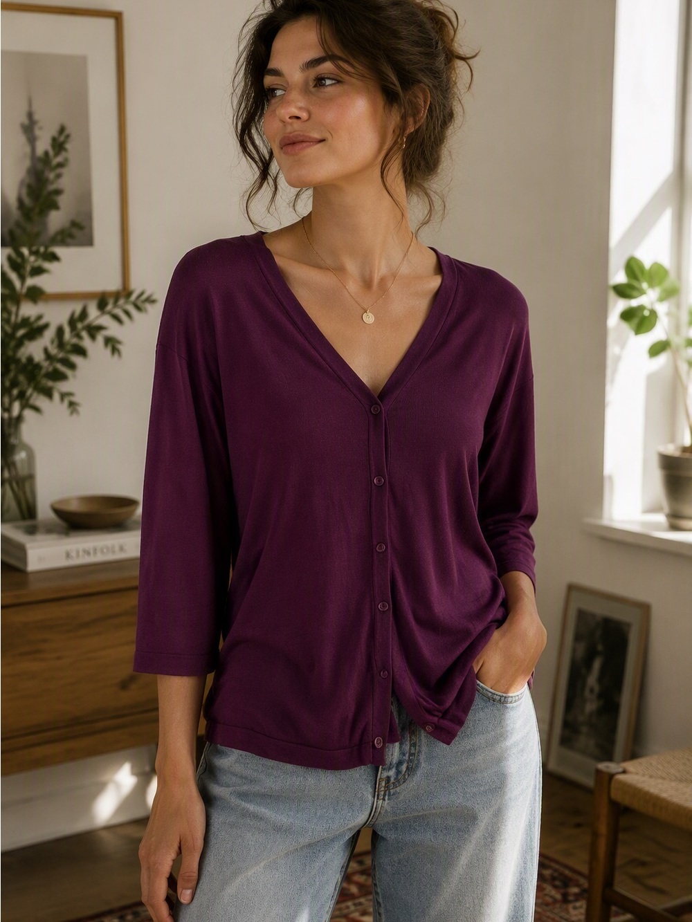 Isaac Mizrahi Deep Plum Button-Down V-Neck Top
